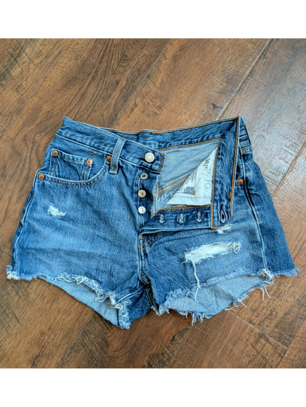 Levi's 501 Women's Cut Off Jean Shorts Size 24 Distressed Medium Wash Button Fly